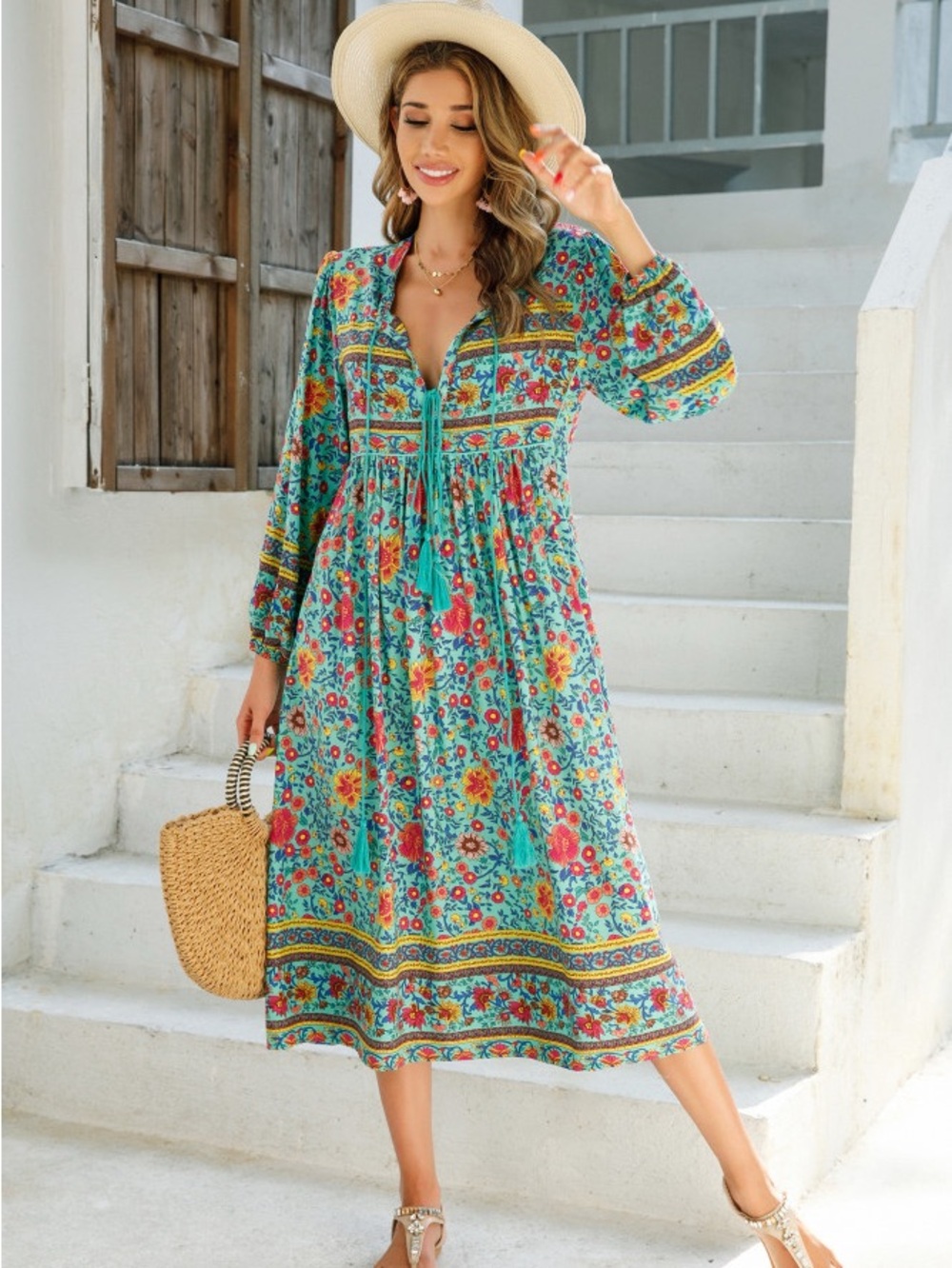 Turquoise Floral Bohemian Maxi Dress